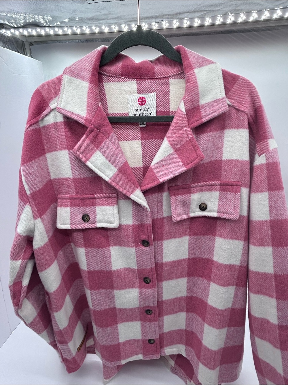Simply Southern Pink & White Plaid Shacket Jacket 2XL